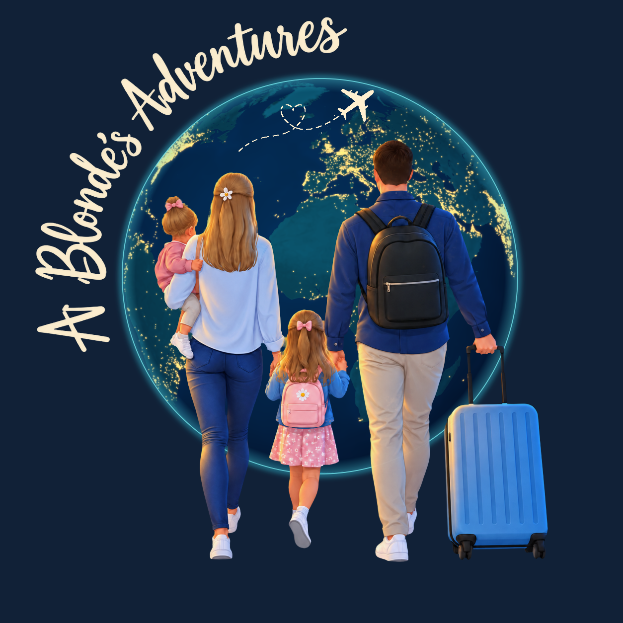 A Blonde’s Adventures family in front of a nighttime globe with illuminated cities